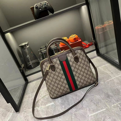 GUCCI OPHIDIA GG LOGO MEDIUM TOP HANDLE BAG BEIGE AND BROWN 34CM