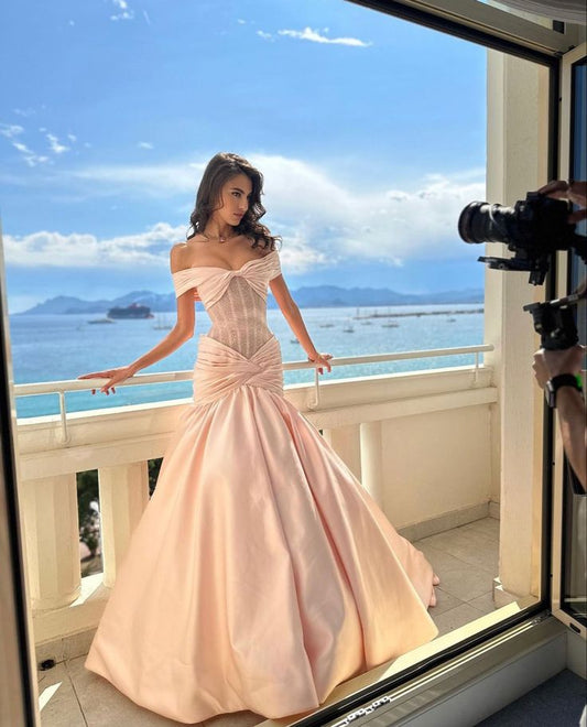 Elegant Mermaid Off the Shoulder Pink Lace Satin Prom Dress Party Dress SH3295