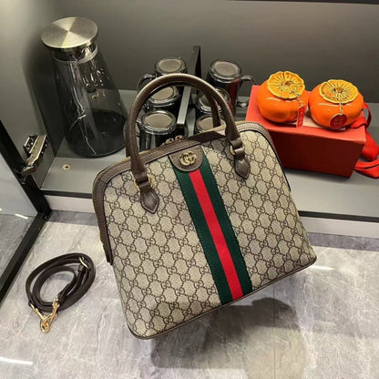 GUCCI OPHIDIA GG LOGO MEDIUM TOP HANDLE BAG BEIGE AND BROWN 34CM
