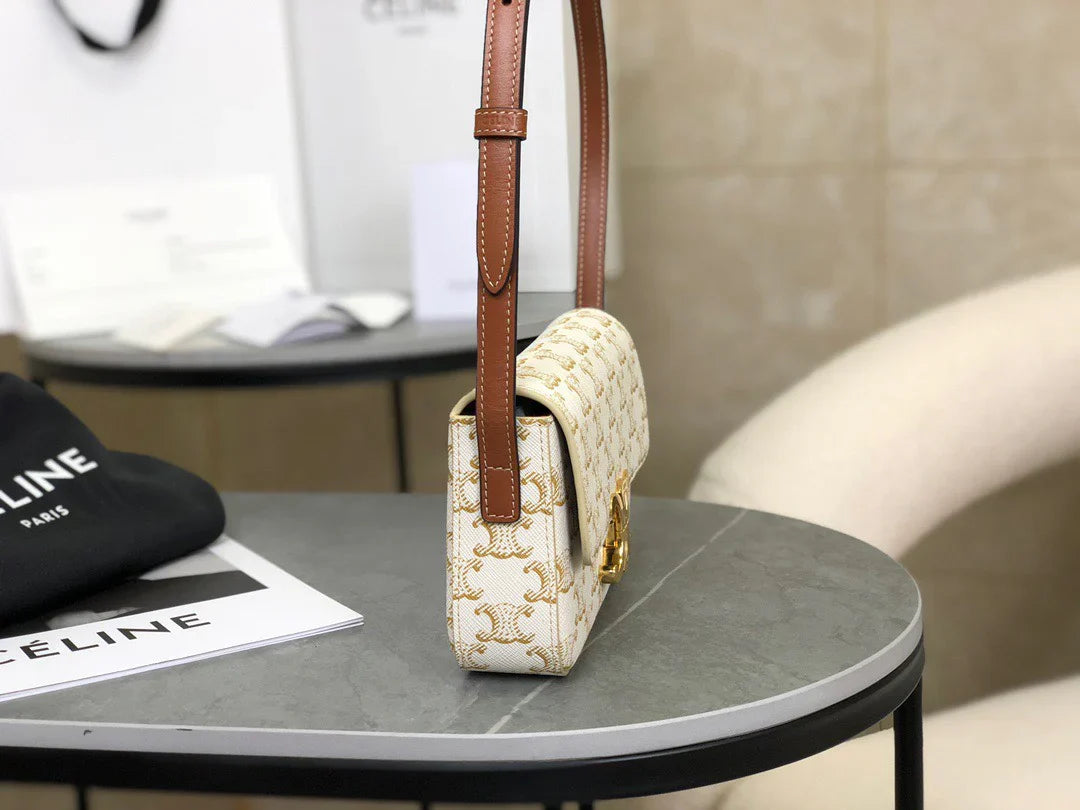 CELINE Triomphe Shoulder Bag In Triomphe Canvas And Calfskin White 20 x 10 x 4 cm
