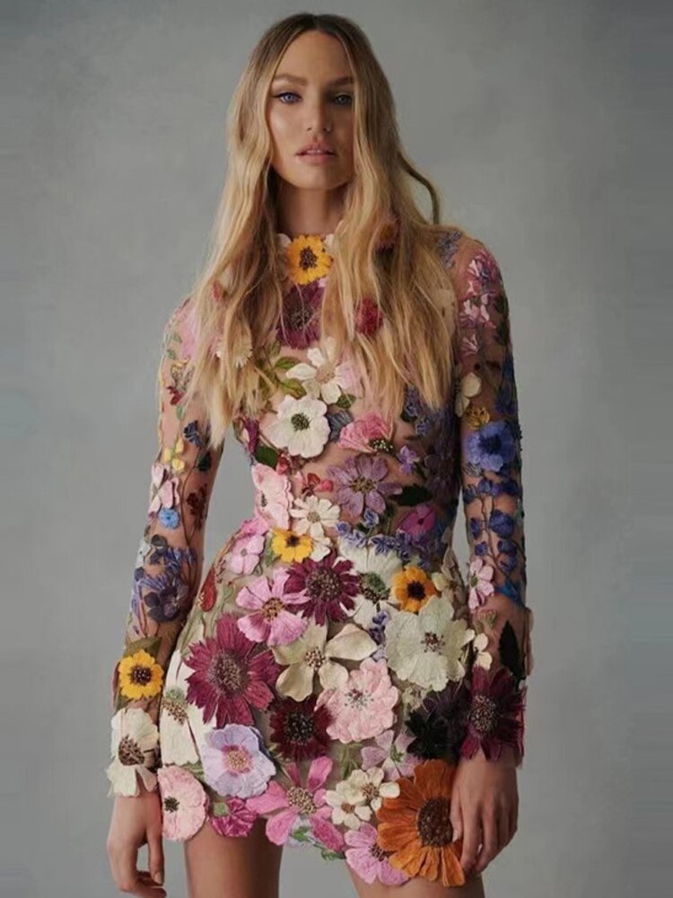 loveedsTM-Flower Print Embroidery Mini Dress Women Half High Collar Long Sleeve Hip Package Dresses Female Autumn Elegant Lady Vestidos