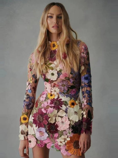 loveedsTM-Flower Print Embroidery Mini Dress Women Half High Collar Long Sleeve Hip Package Dresses Female Autumn Elegant Lady Vestidos