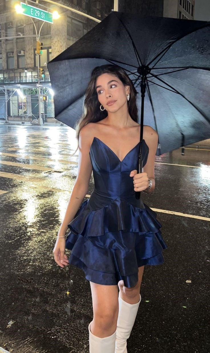 Trendy Ball Gown Sweetheart Satin Navy Blue Mini Short Formal 7th Grade Homecoming Dresses Middle School Short Prom Dress Hoco Outfits DH1375