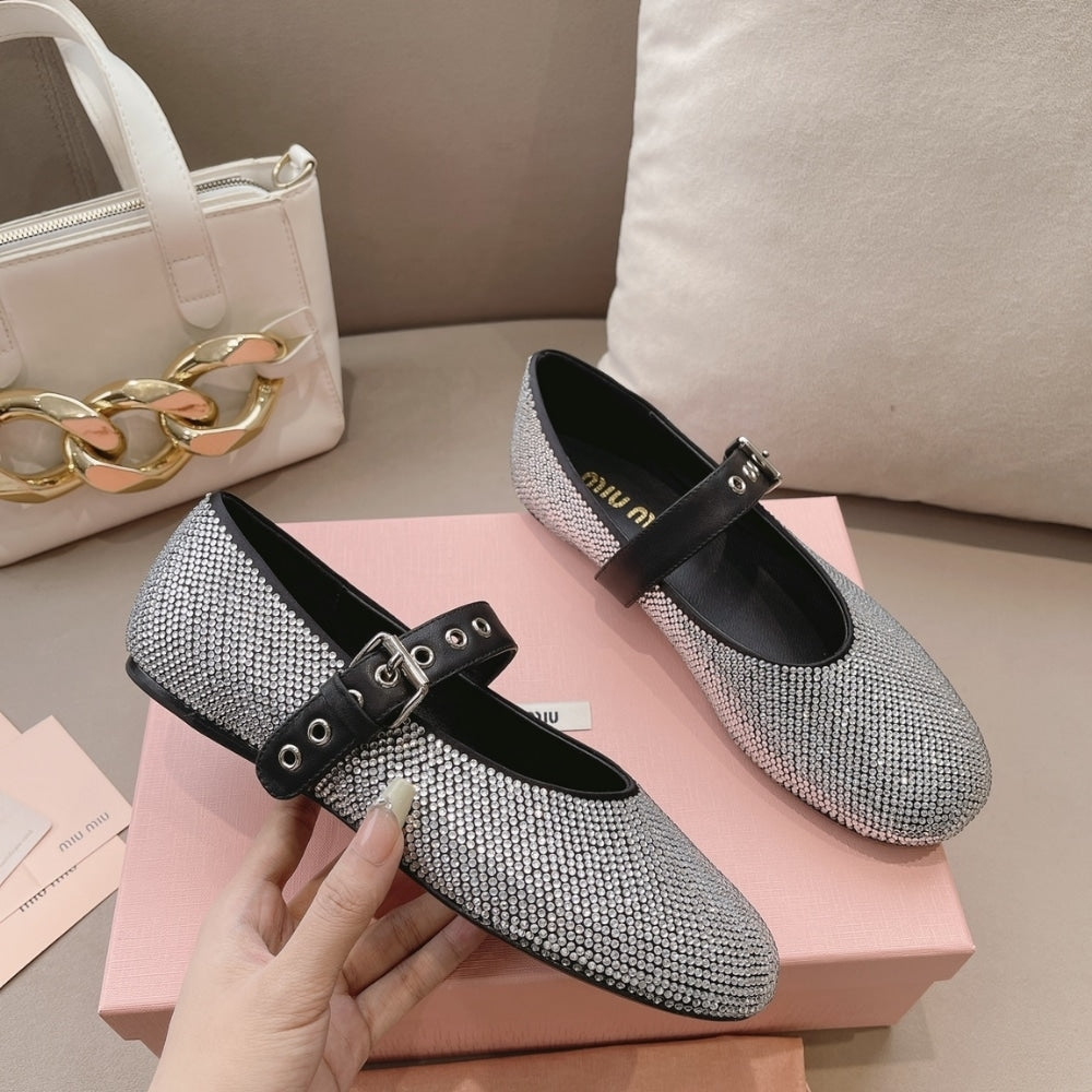 MIUMIU SATIN BALLERINAS WITH CRYSTALS BLACK 5F209E 2AWL F0002 F 005