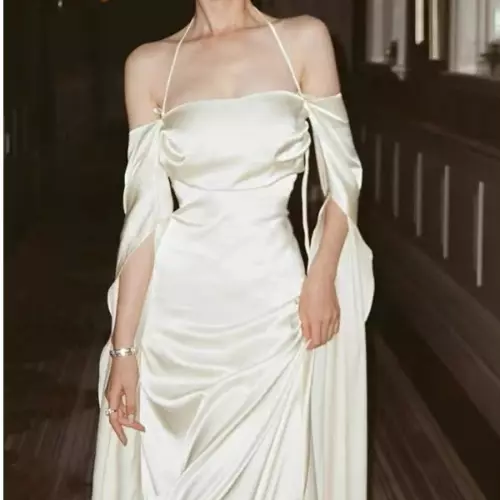 Vintage A line Strapless Long Sleeves White Silk Satin Backless Wedding Dresses P1278