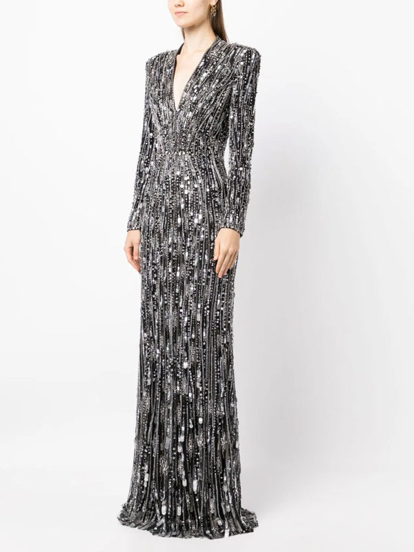 V-Neck Sequined Long Sleeves Maxi Dress