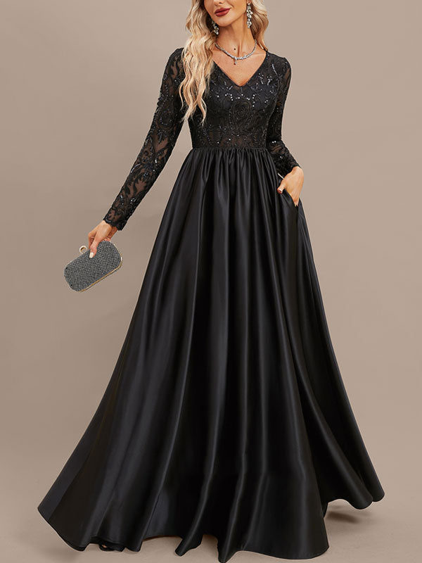 A-line V-Neck Floor-Length Satin Lace Evening Dress With Sequins