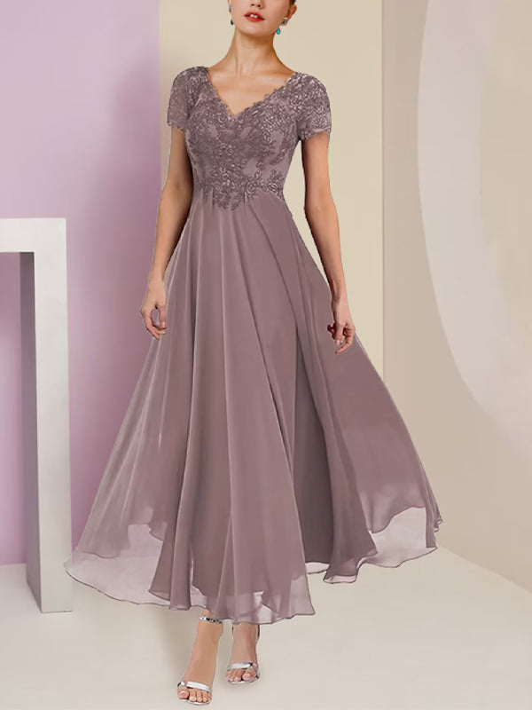 Two-Piece Elegant V Neck Lace Short Sleeve Dress