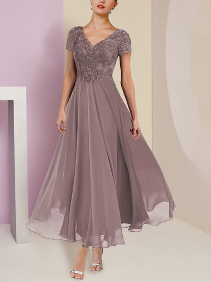 Two-Piece Elegant V Neck Lace Short Sleeve Dress