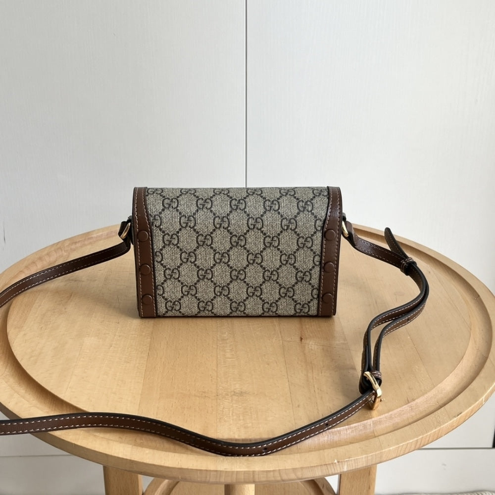 GUCCI HORSEBIT 1955 MINI BAG ‎BEIGE AND DARK BROWN GG SUPREME 18CM ‎699296 92TCG 8563
