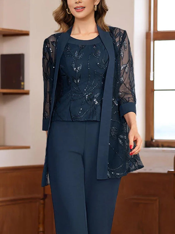 3 Pieces Chiffon Round Neck Floor-Length Mother of the Bride Pantsuits with Sequins