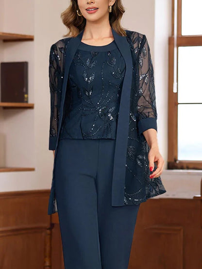 3 Pieces Chiffon Round Neck Floor-Length Mother of the Bride Pantsuits with Sequins