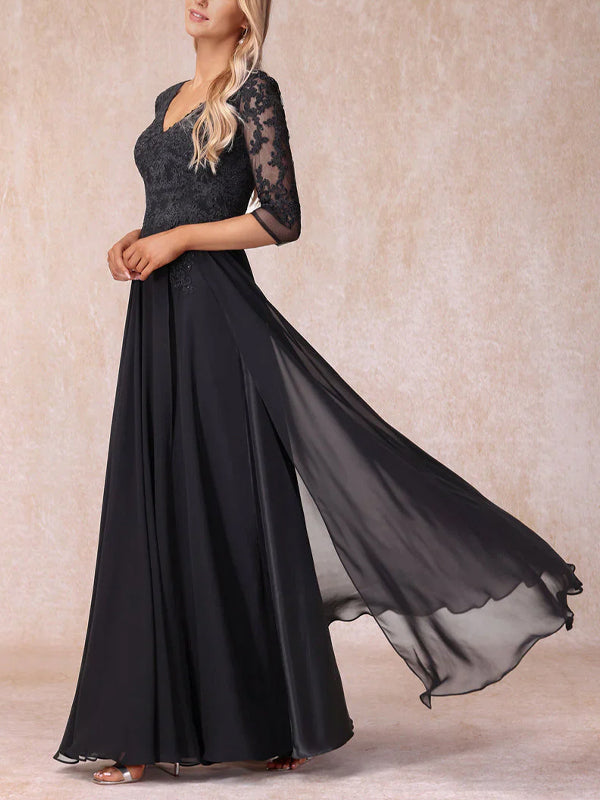 V-Neck Lace Mesh Solid Color Maxi Dress