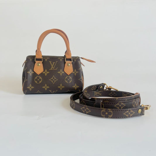 Louis Vuitton Brown Monogram Canvas Mini Speedy Shoulder Bag w Strap
