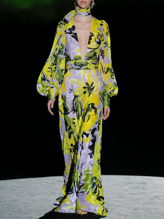 Deep V Chiffon Floral Catwalk Women's Dress