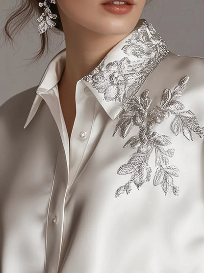 White Satin Blouse With Silver Plant Embroidery