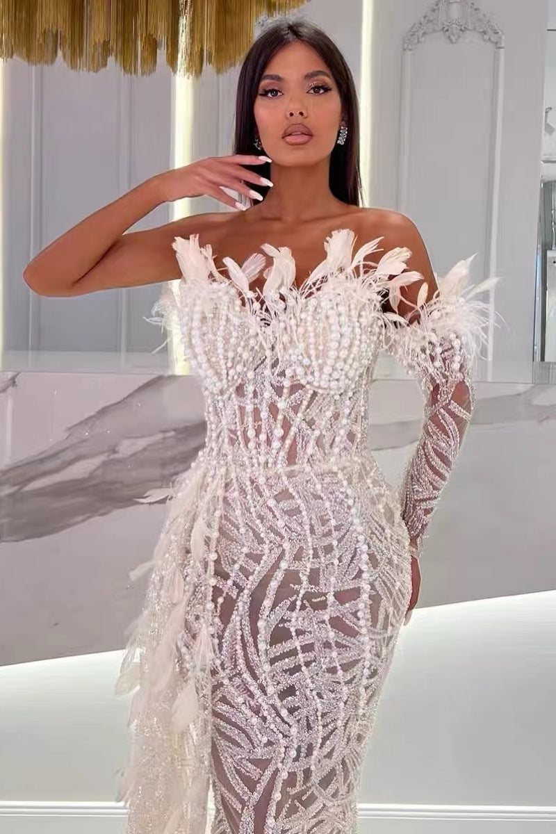 loveedsTM-White Super Heavy Ostrich Feather Dress-vx