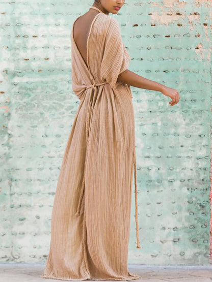 V-neck solid linen maxi dress