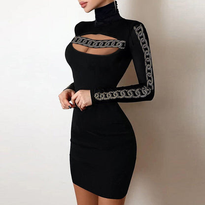 loveedsTM- Shiny Silk Turtleneck Bodycon Evening Dress Sexy Mesh Patchwork Long Sleeve A-line Dress Women Elegant Hollow Out Fashion Dress