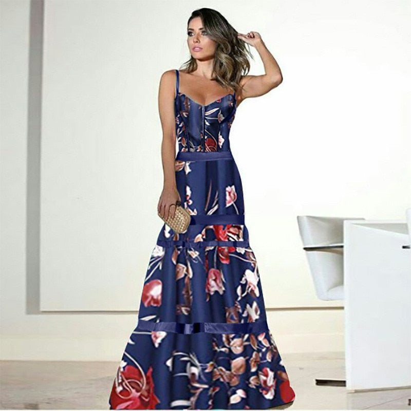 loveedsTM- Evening Party Dresses Women Natural Silk Dress Retro Floral Print Maxi Dress Ladies Strap Pleated Oversized Dress Vestidos