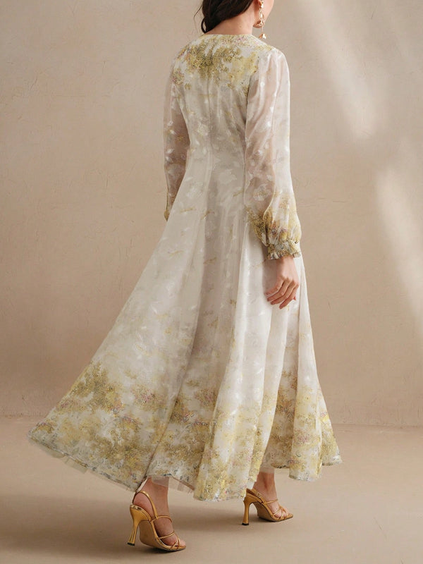 Women's V Neck Elegant Floral Print Long Sleeve Dress