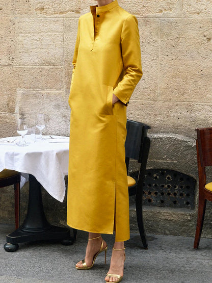 loveedsTM-Long Sleeves Loose Solid Color Split-Side Stand Collar Midi Dresses