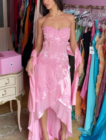 Pink Elegant Fashion Sweetheart Neckline Exquisite Beading Long satin lace Ruffled Ball Gown Evening Dress Party Dress gh3826