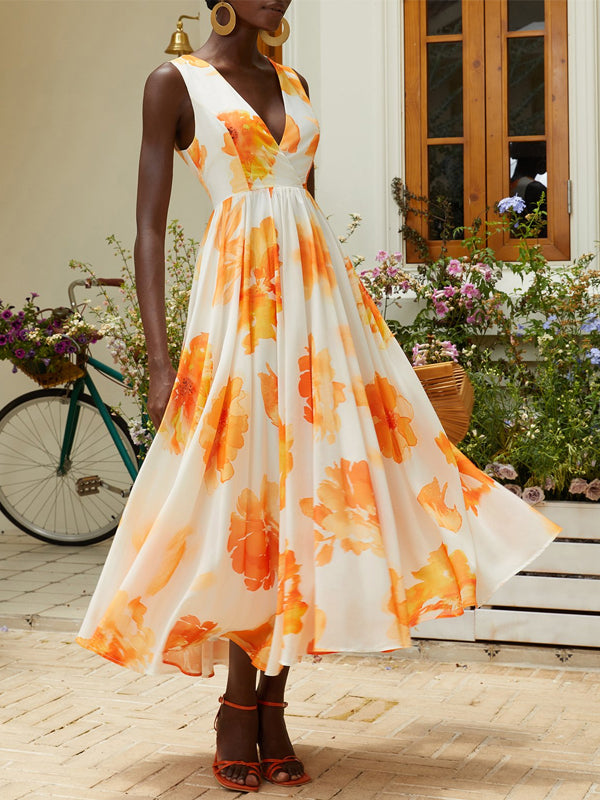 Yellow Printing Chiffon V Neck Sleeveless A-Line Maxi Dress