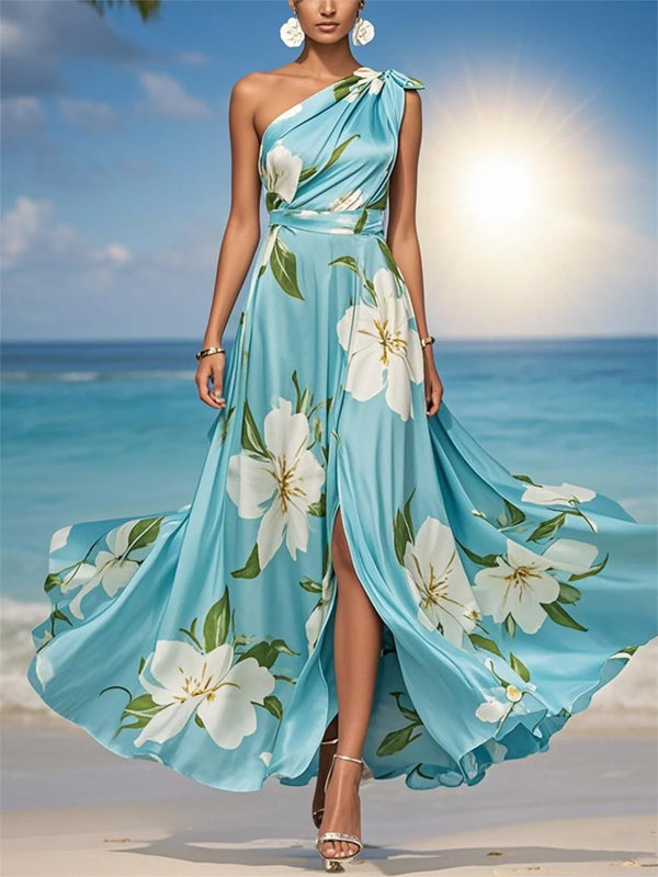 Satin Elegant Floral Printing One Shoulder Maxi Dress