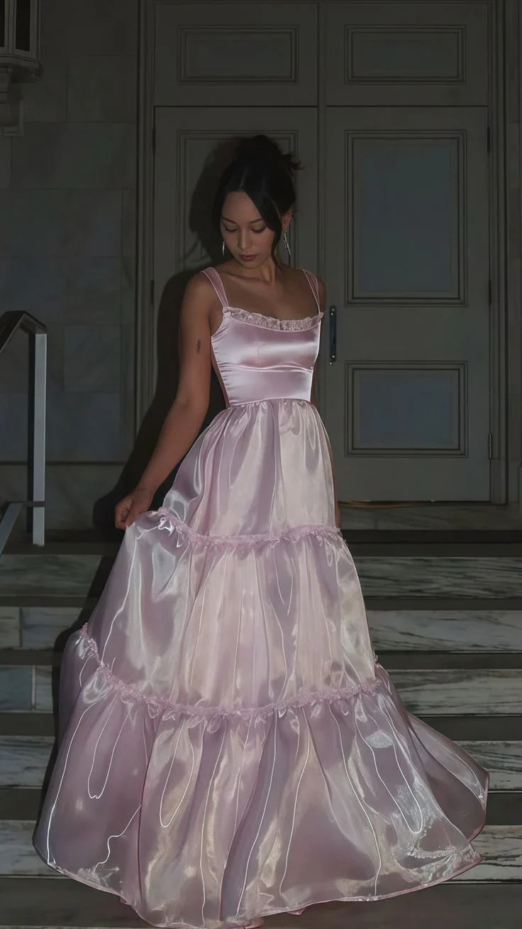 Pink Fashion Elegant Shiny A-line Spaghetti Strap Long satin Lace Ball Gown,Evening Dress,Party Dress gh3517