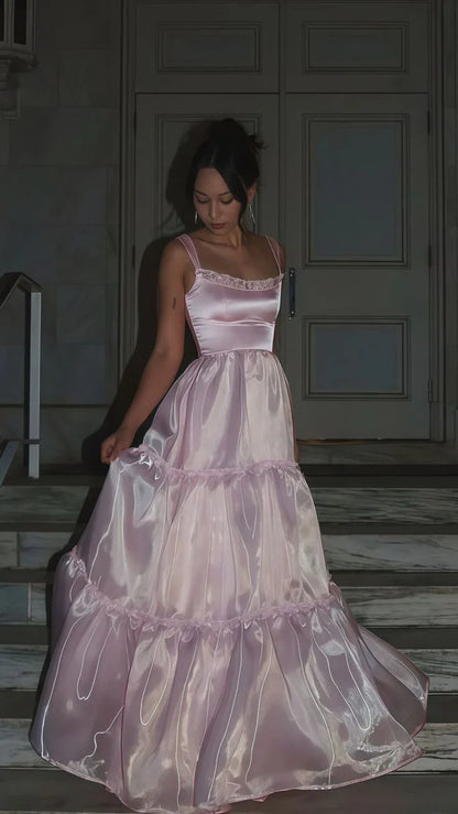 Pink Fashion Elegant Shiny A-line Spaghetti Strap Long satin Lace Ball Gown,Evening Dress,Party Dress gh3517