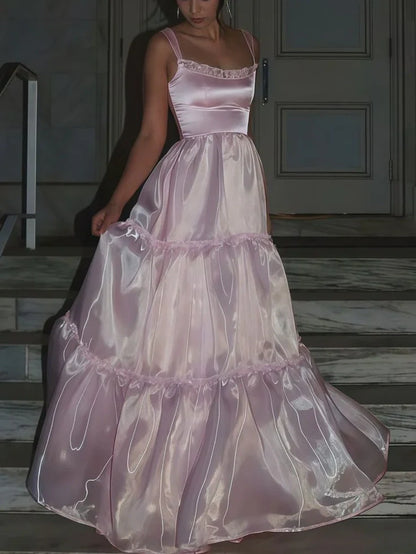 Pink Fashion Elegant Shiny A-line Spaghetti Strap Long satin Lace Ball Gown,Evening Dress,Party Dress gh3517