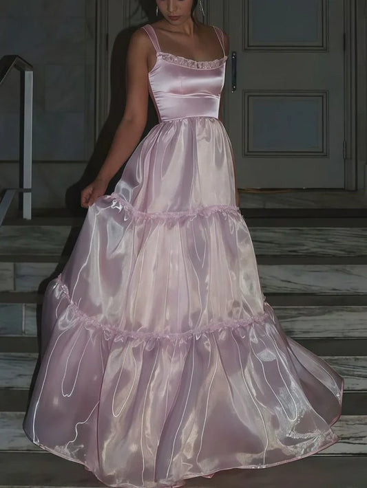 Pink Fashion Elegant Shiny A-line Spaghetti Strap Long satin Lace Ball Gown,Evening Dress,Party Dress gh3517