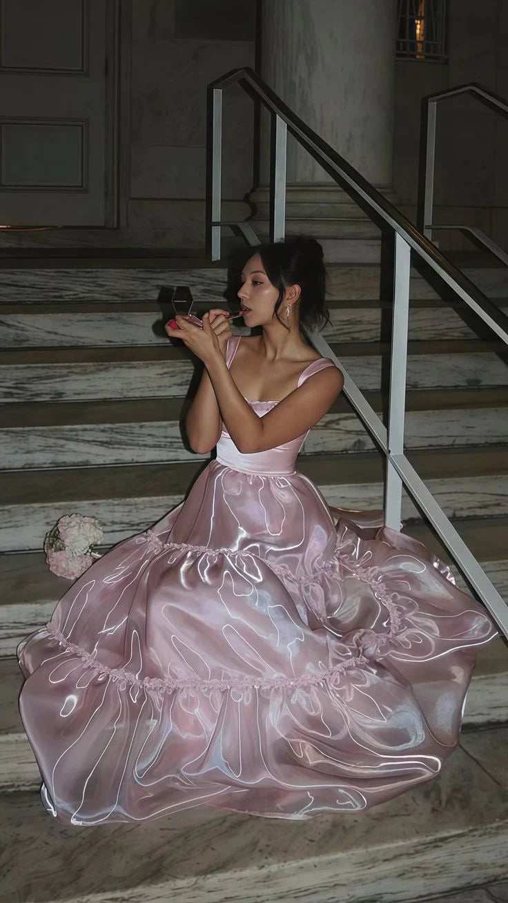 Pink Fashion Elegant Shiny A-line Spaghetti Strap Long satin Lace Ball Gown,Evening Dress,Party Dress gh3517