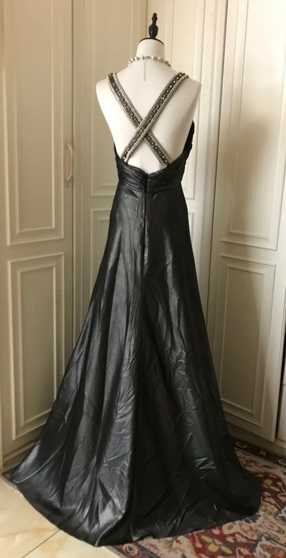 ___Black beaded mysterious and noble black swan vintag Downton Abbey deep V long satin ball gown evening dress gh4390