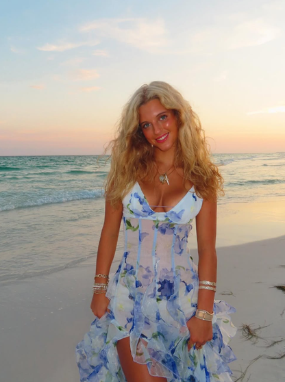 Classic Blue Floral Prom Dresses Long Evening Gown  SH962