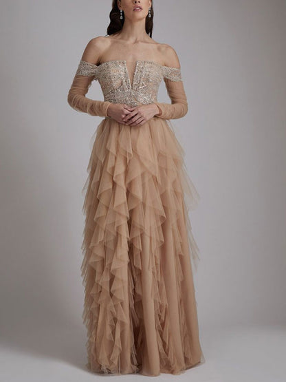 Off-the-shoulder Mesh Elegant Layered Dress