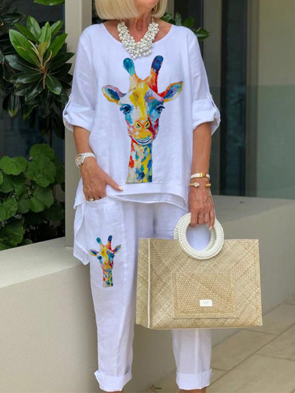 Rainbow Deer Print Top and Pants Suit