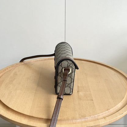 GUCCI HORSEBIT 1955 MINI BAG ‎BEIGE AND DARK BROWN GG SUPREME 18CM ‎699296 92TCG 8563