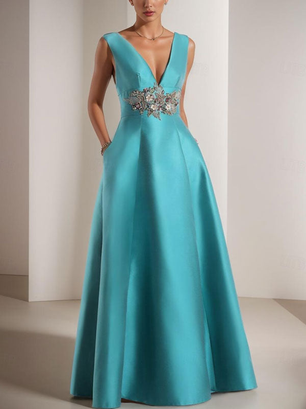 Sleeveless V-neck with Satin Pockets Women's Gown