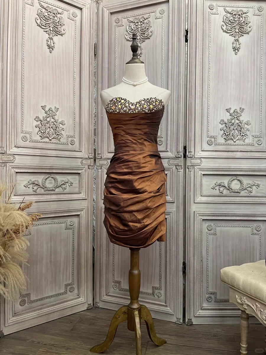 Brown rhinestone short satin homecoming dress prom party dress gh4985