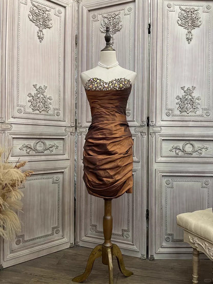 Brown rhinestone short satin homecoming dress prom party dress gh4985