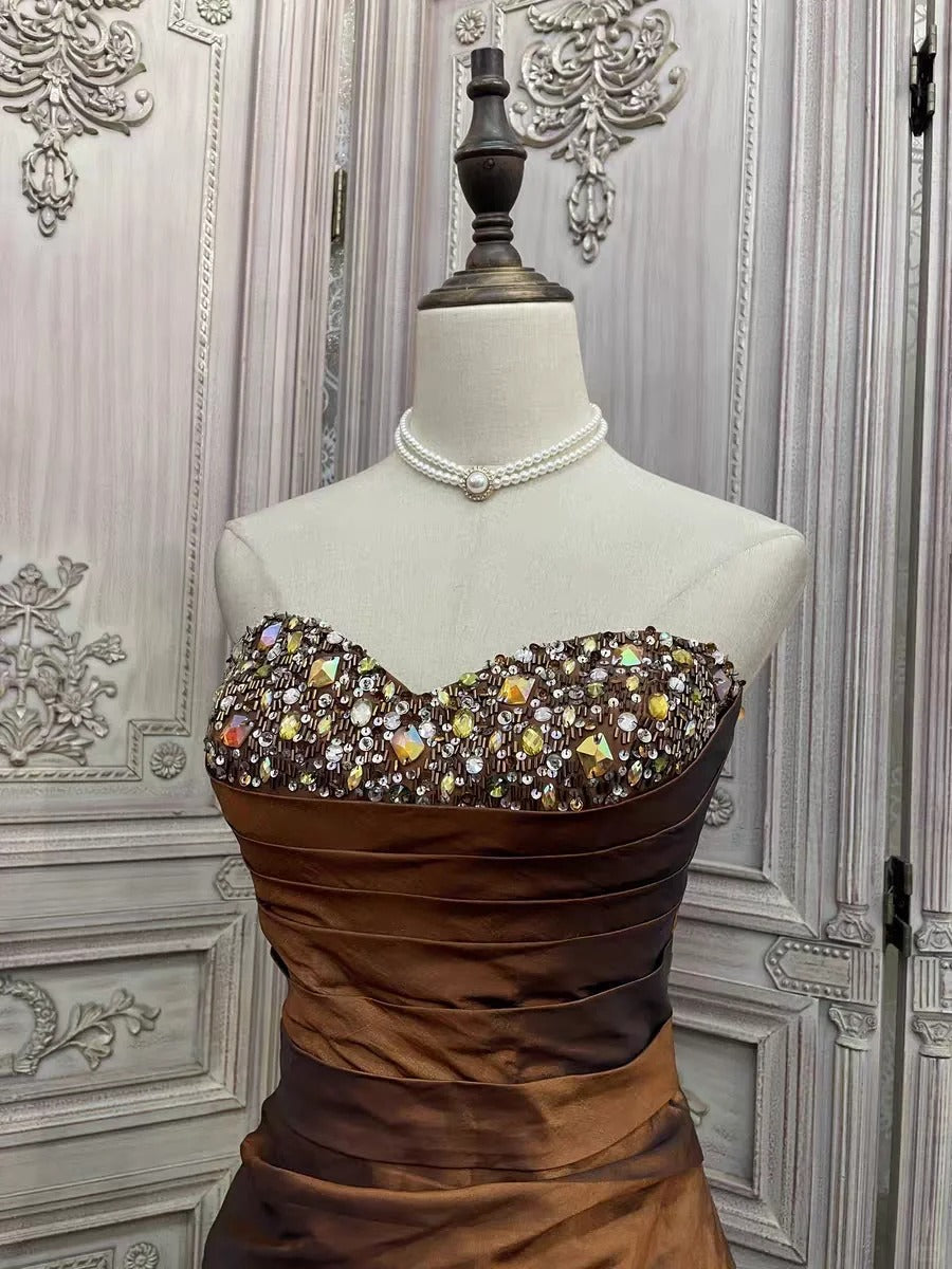 Brown rhinestone short satin homecoming dress prom party dress gh4985