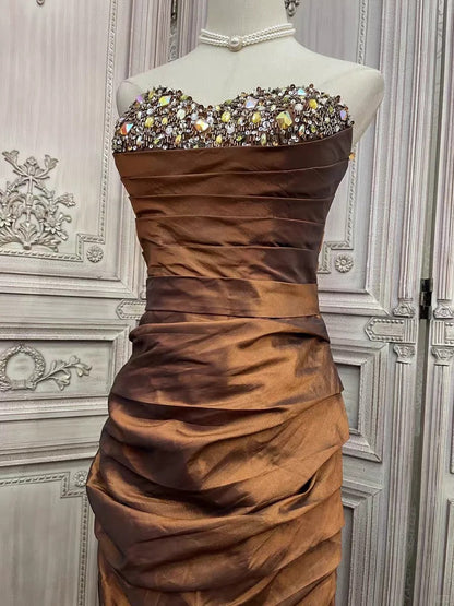 Brown rhinestone short satin homecoming dress prom party dress gh4985