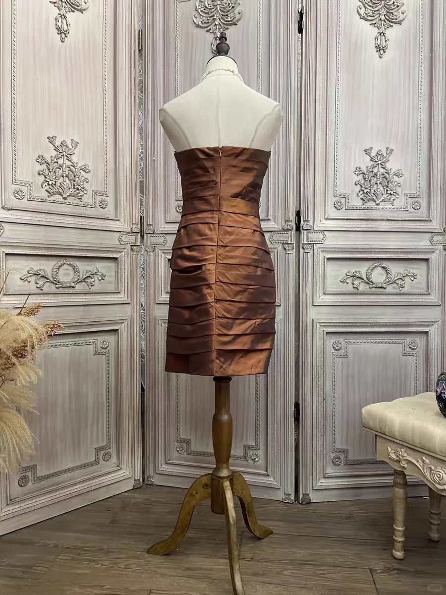 Brown rhinestone short satin homecoming dress prom party dress gh4985