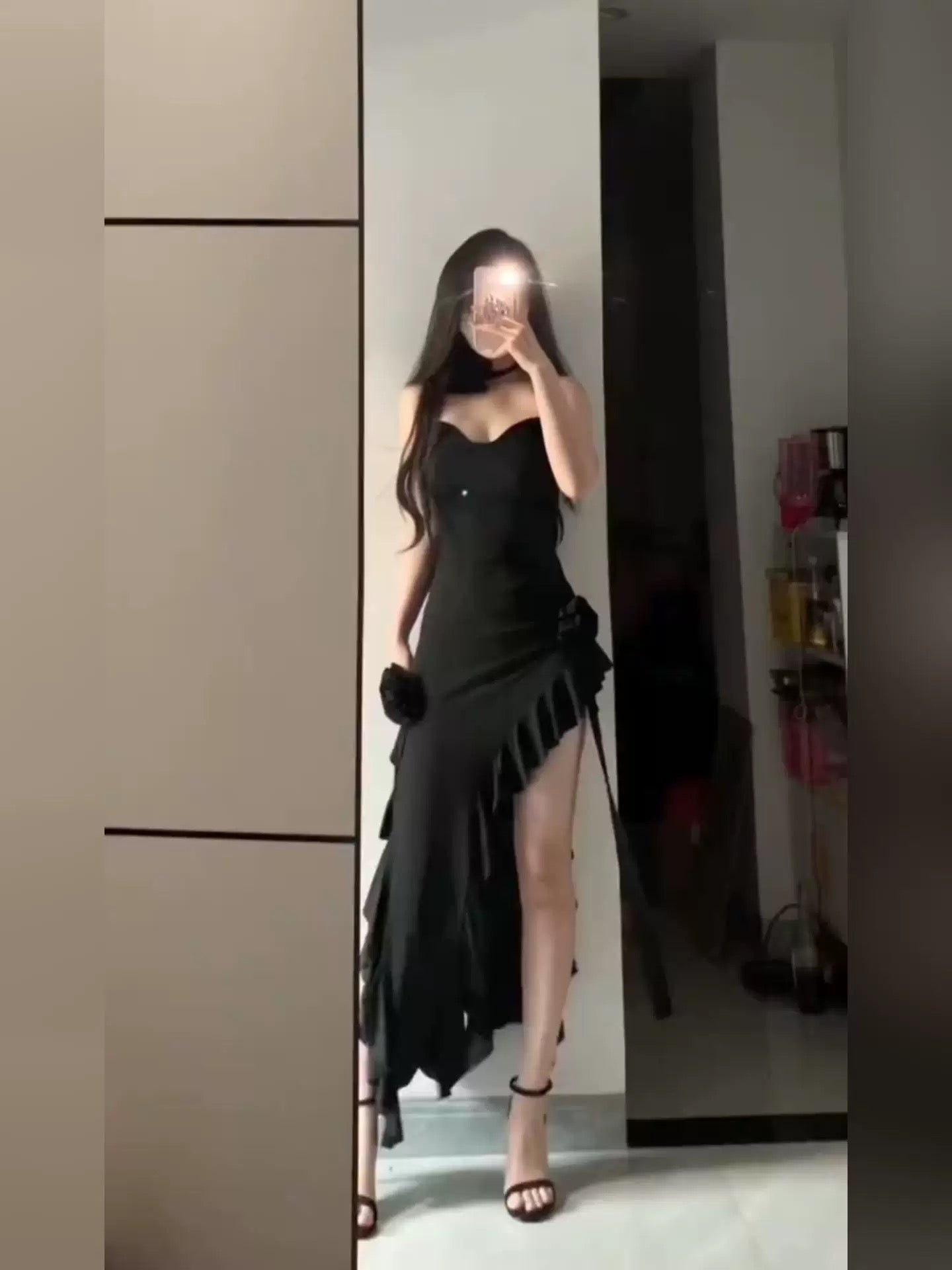 Simple Sheath Spaghetti Straps Black Satin Vacation Beach Dress Long Birthday Dresses SD006