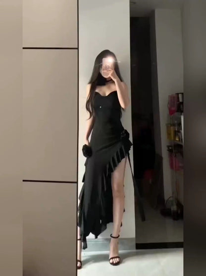 Simple Sheath Spaghetti Straps Black Satin Vacation Beach Dress Long Birthday Dresses SD006