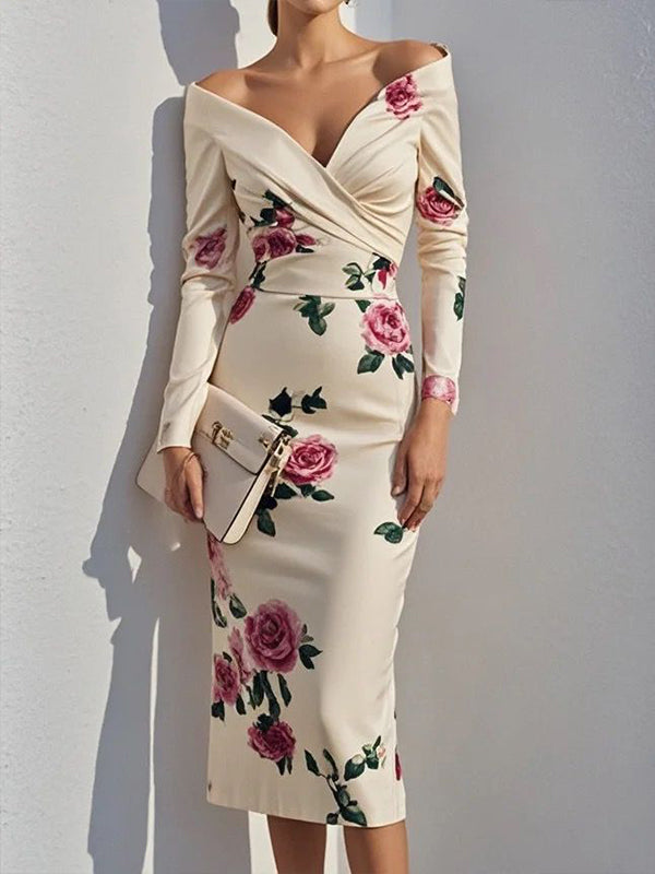 Off-white V-neck Long-sleeved Print Midi Dress