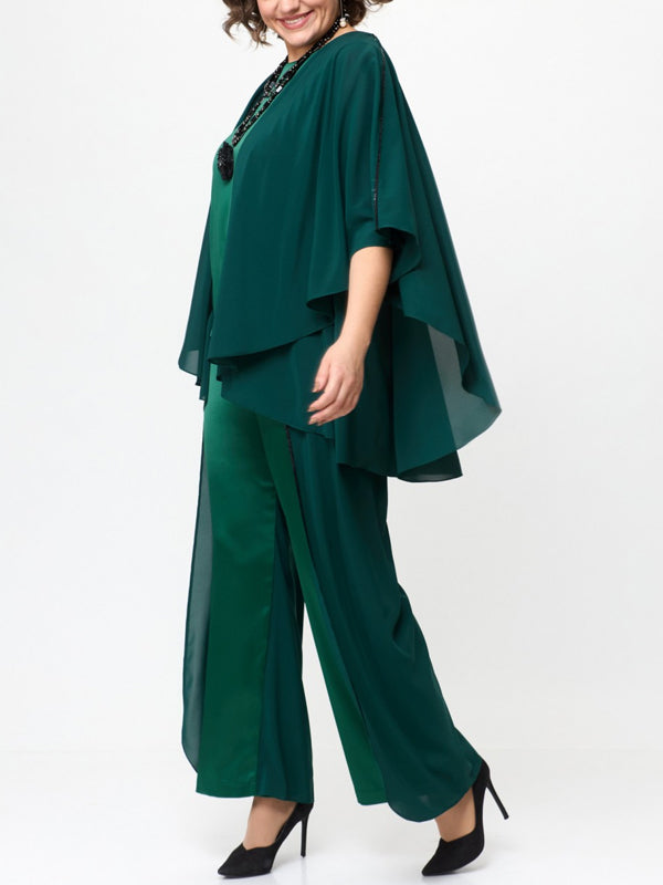 Round Neck Solid Color Chiffon Top And Trousers Suit