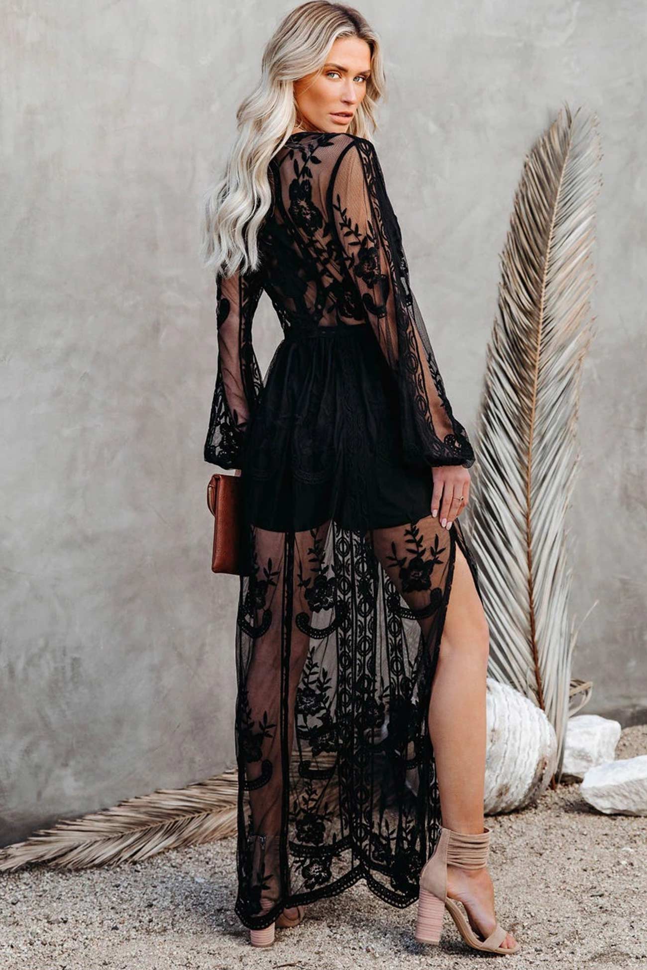loveedsTM-V Neck Lace Patchwork Split Maxi Dress